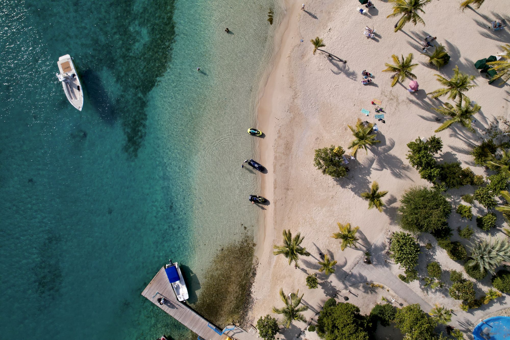 Aerial view of a tropical beach with palm trees, a dock, boats in clear water, and people on the sand.