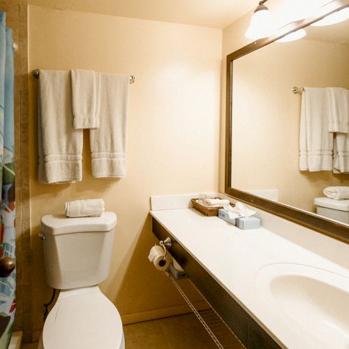 A bathroom with a toilet, a towel rack, a counter with a sink, toiletries, a basket, and a large mirror under bright lights.