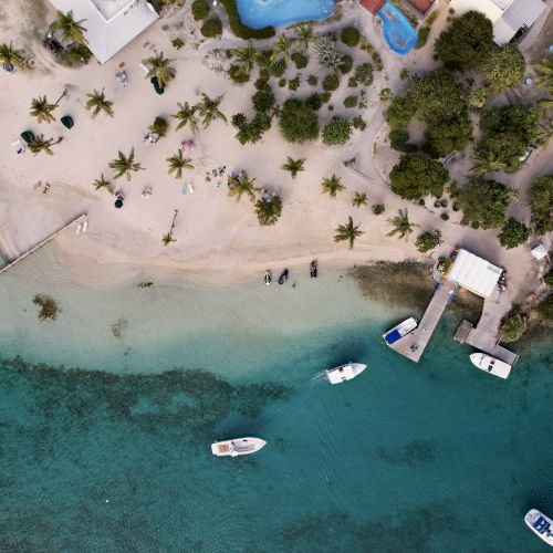 An aerial view of a sandy beach with palm trees, a dock, and boats in clear blue water.